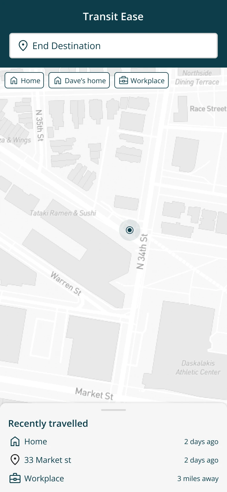 Home screen with destination search, saved places, map, and recently traveled list