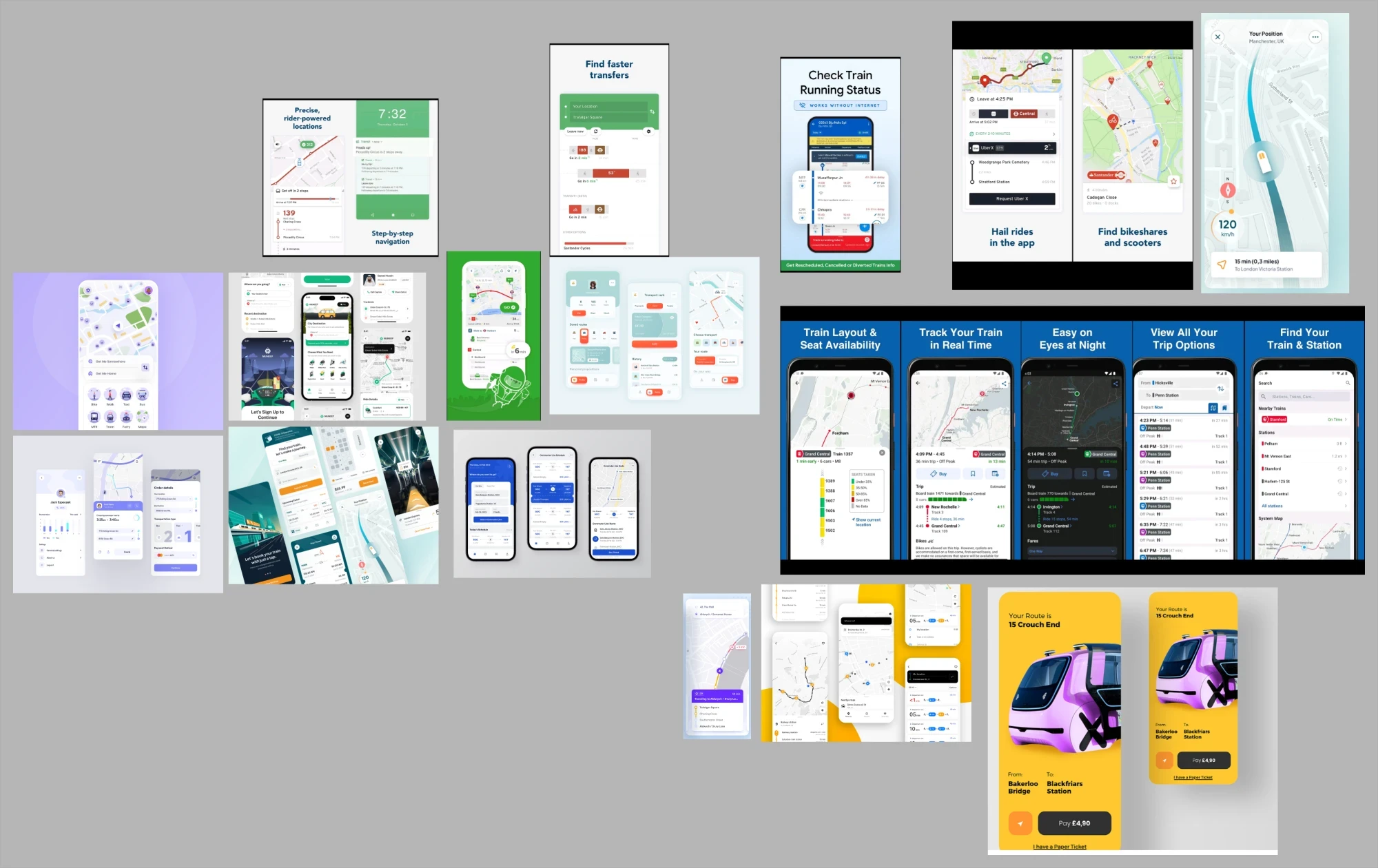 A second moodboard of competitor transit app screens, covering ride-hailing, bikeshares, real-time train tracking, and seat availability displays