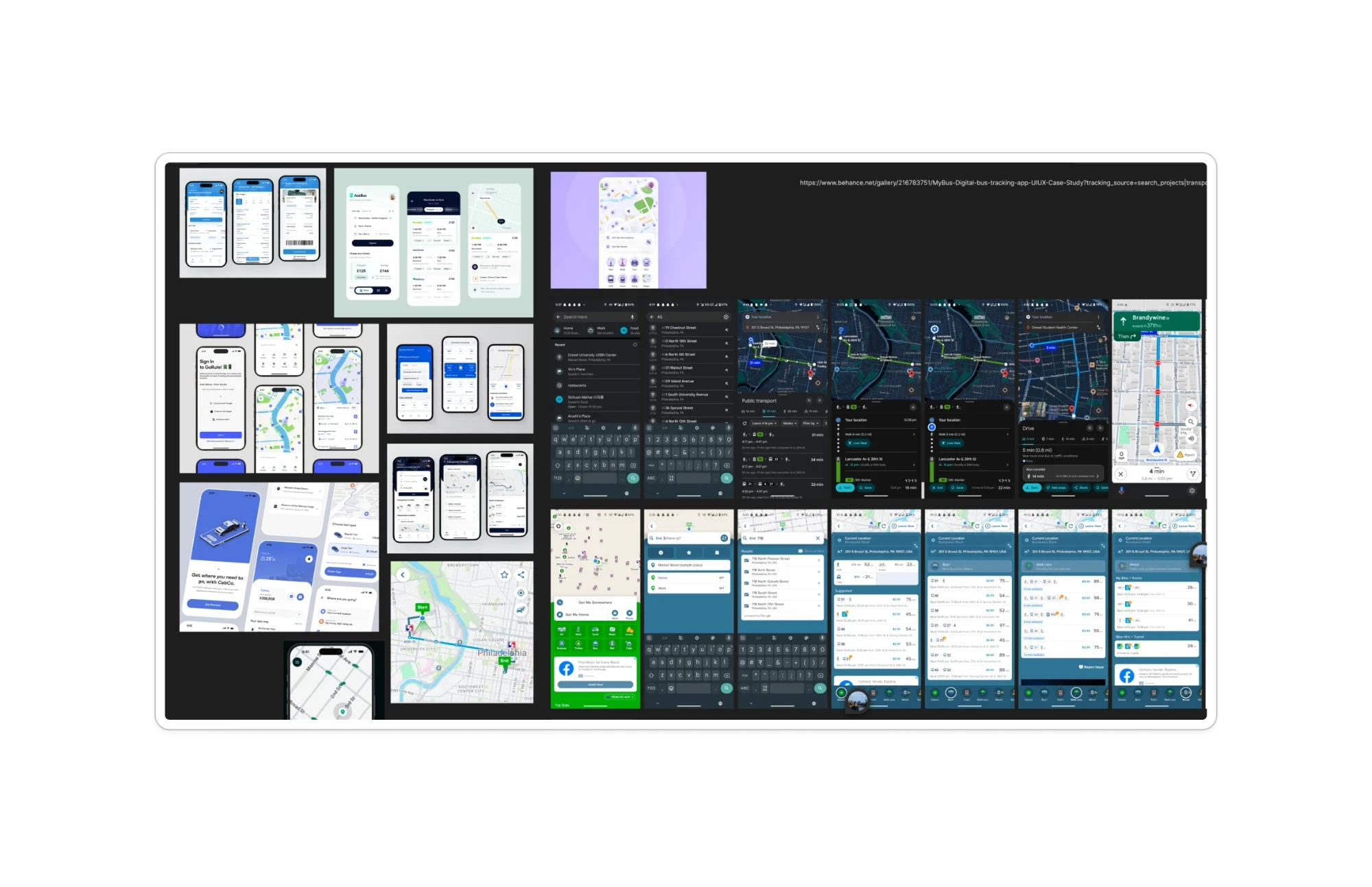 Moodboard of existing transit app interfaces collected during ideation, showing route maps, crowd indicators, and train layout screens, with a linked Behance case study reference