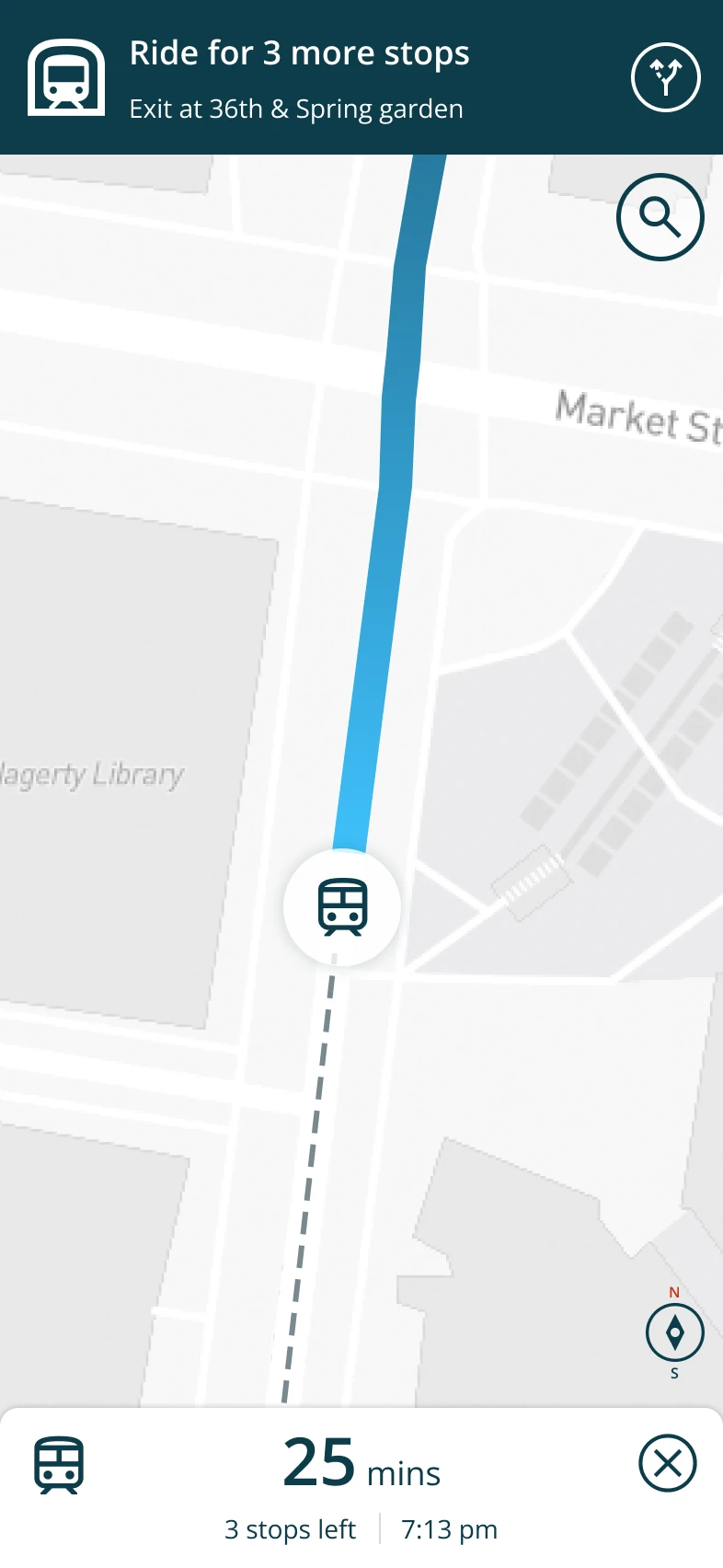 Live journey tracking screen showing remaining train stops on the map