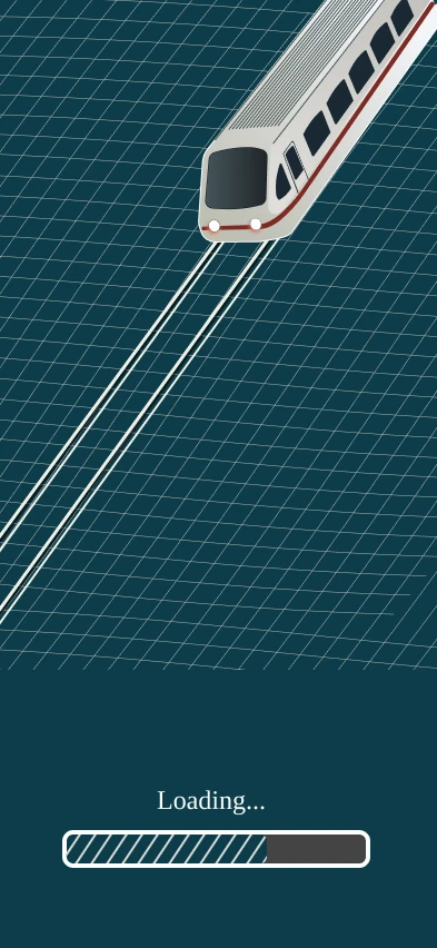 Loading screen with an illustrated train speeding along tracks and a progress bar
