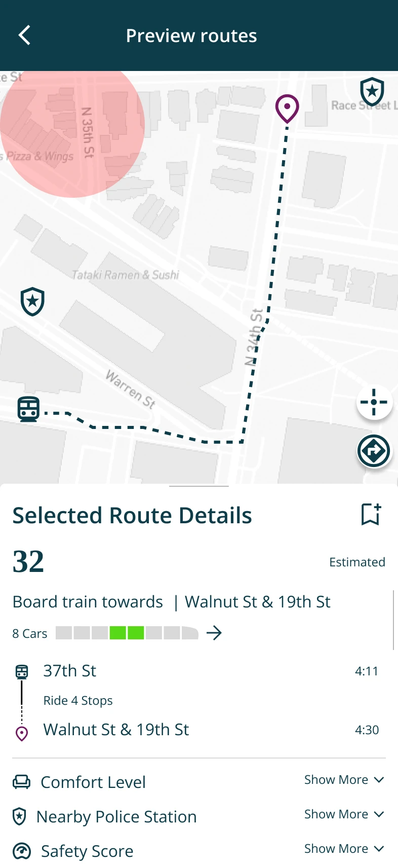 An earlier iteration of the route details screen with expandable comfort level, nearby police station, and safety score details