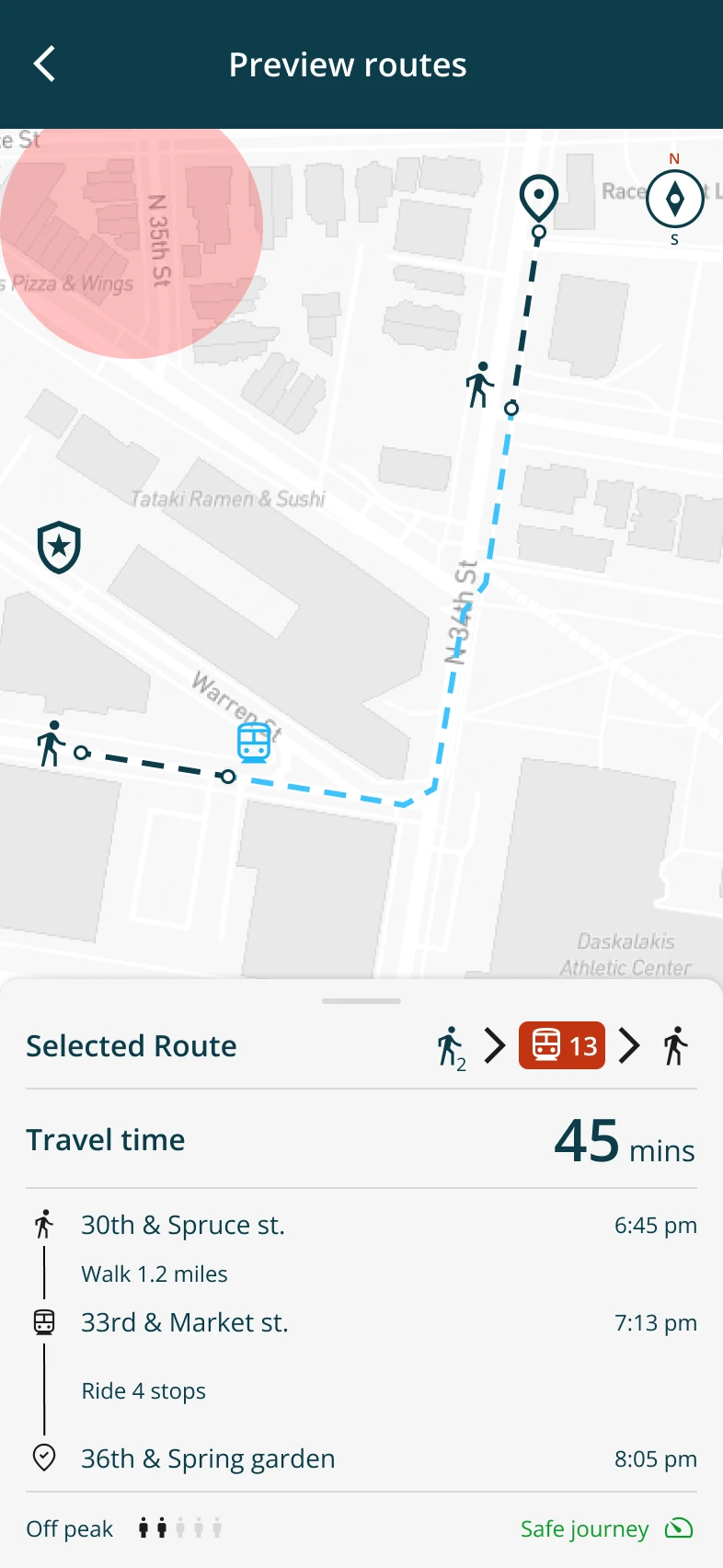 Preview routes screen with a highlighted safety zone on the map and a detailed step by step breakdown