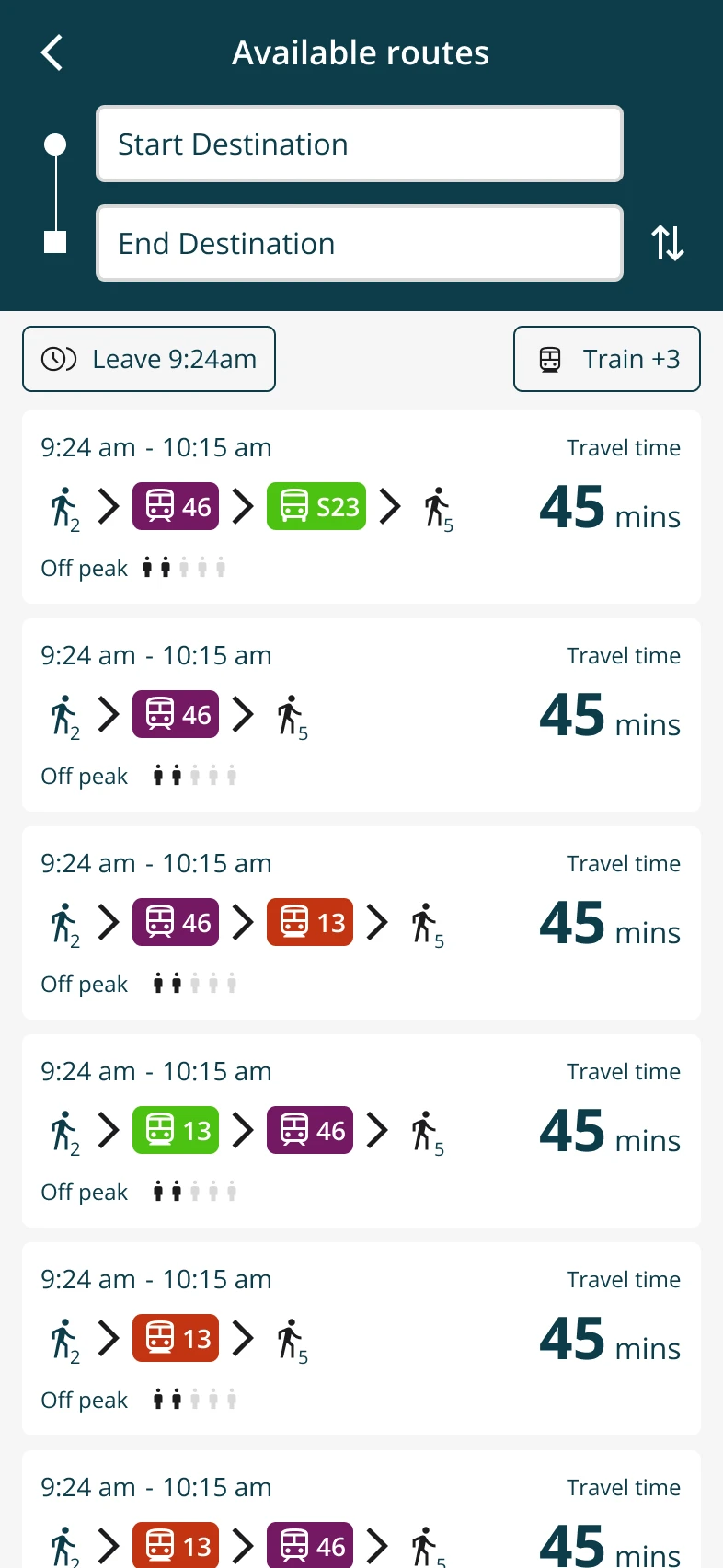 Available routes screen ranking options by travel time and crowd level