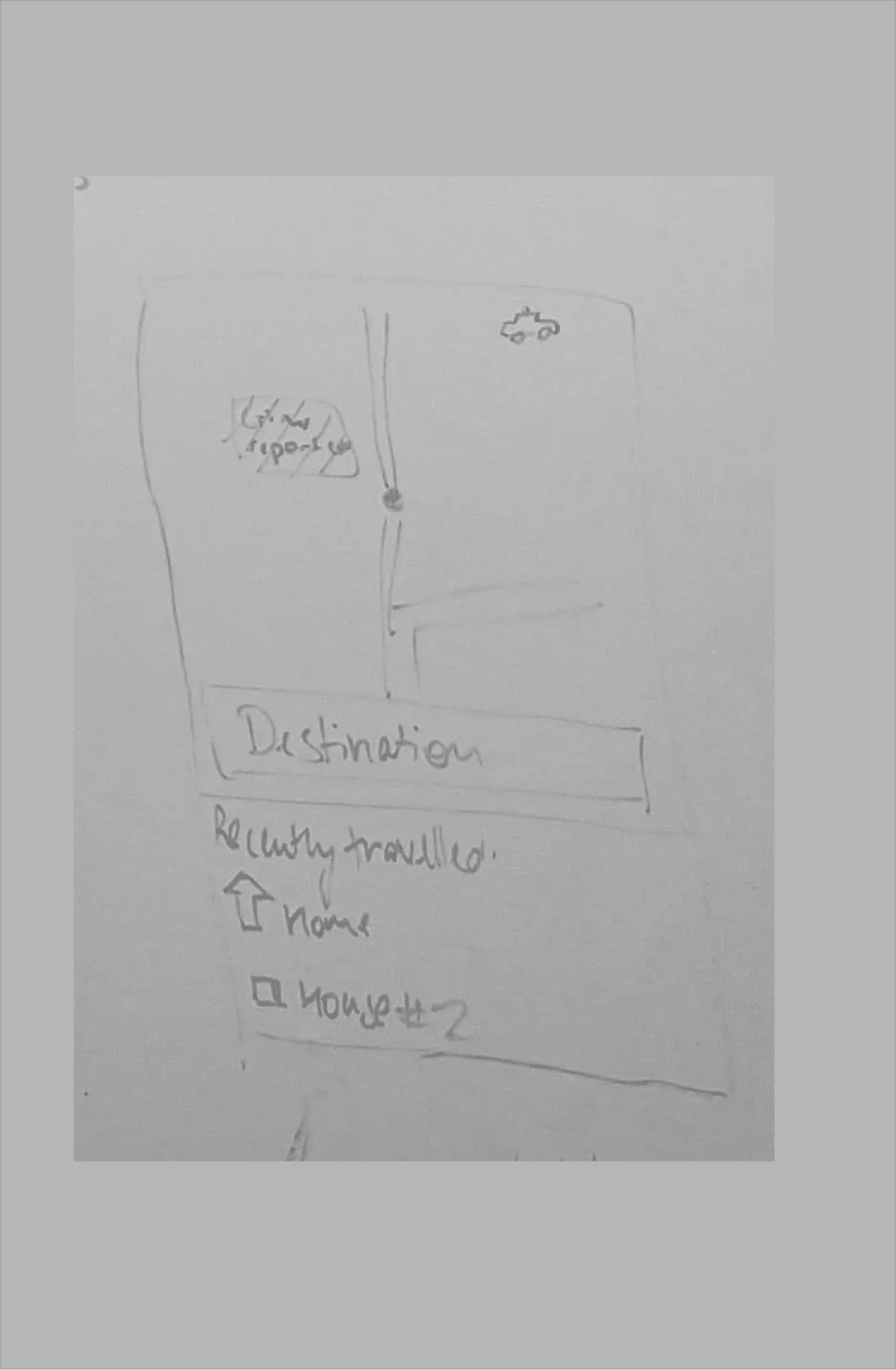 Hand-drawn sketch ideating the home screen with a destination field and recently traveled list
