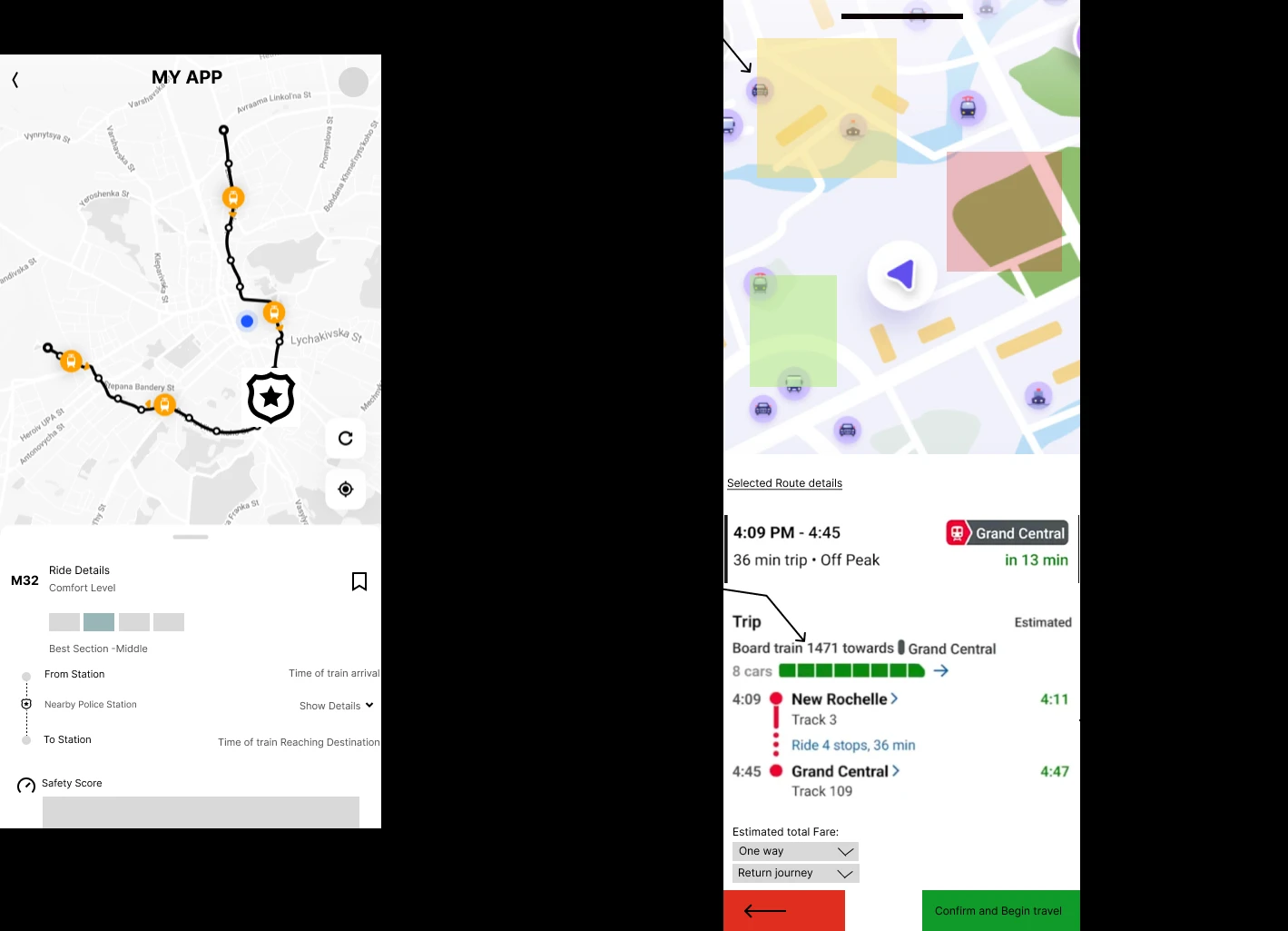 Hand-drawn sketch and digital mockup showing a selected route with color-coded train cars and safety zones on the map