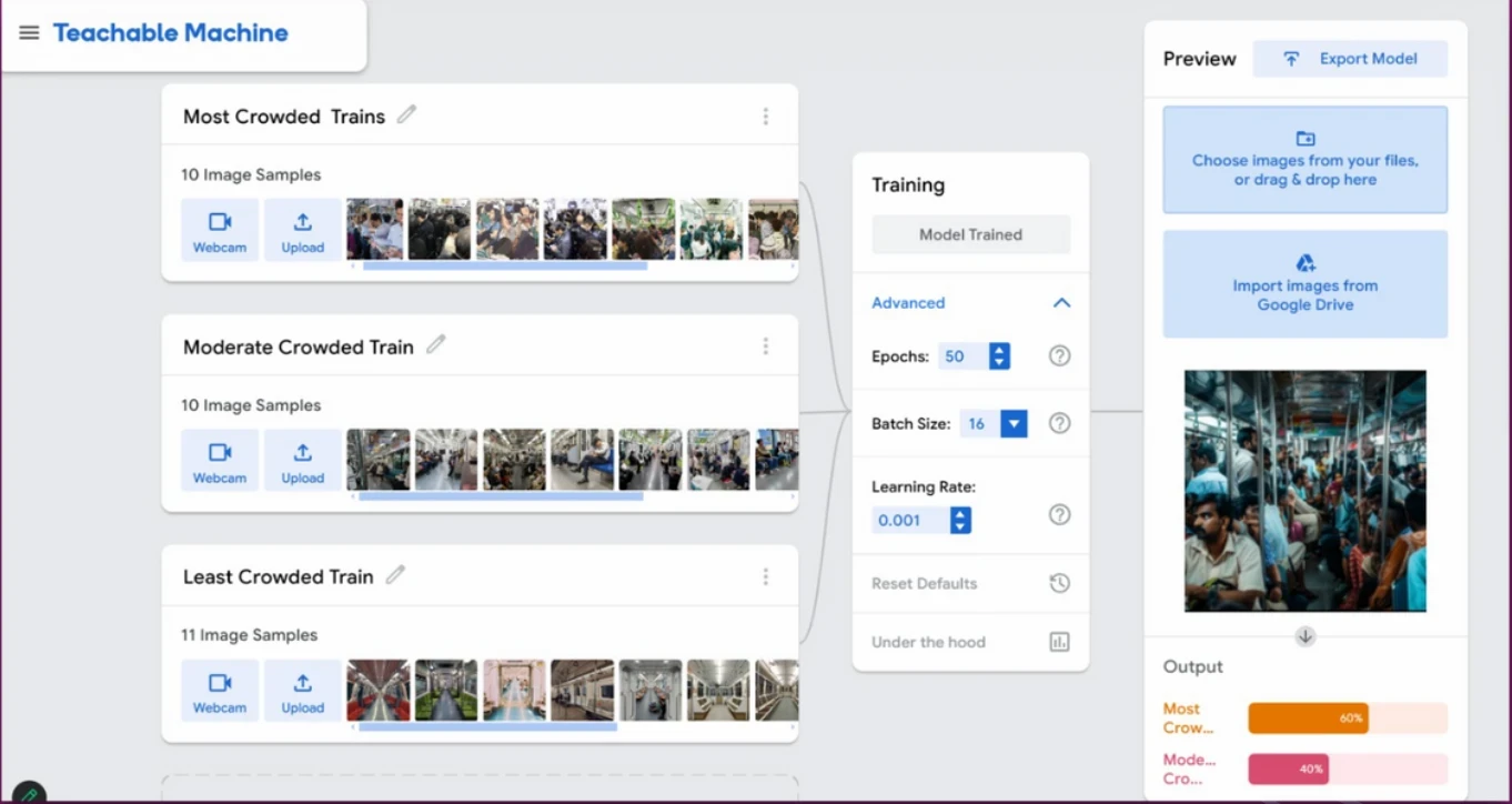 Teachable Machine interface training a model on most crowded, moderate, and least crowded train images, testing a photo classified as most crowded