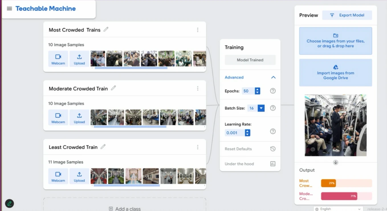 Teachable Machine interface testing a photo of a moderately to heavily crowded train