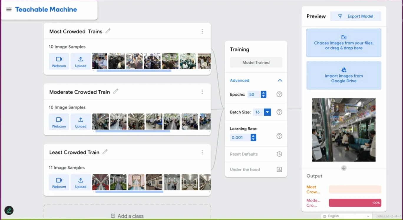 Teachable Machine interface testing a photo classified as a moderately crowded train