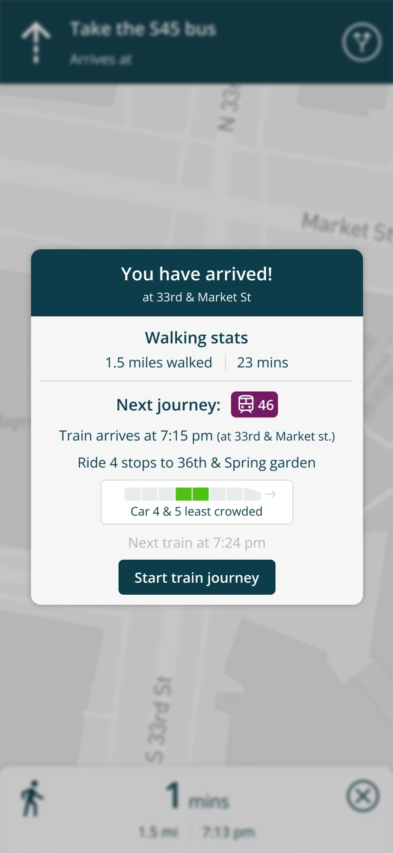 Arrival screen at a transfer point showing walking stats and next train with least-crowded car highlighted