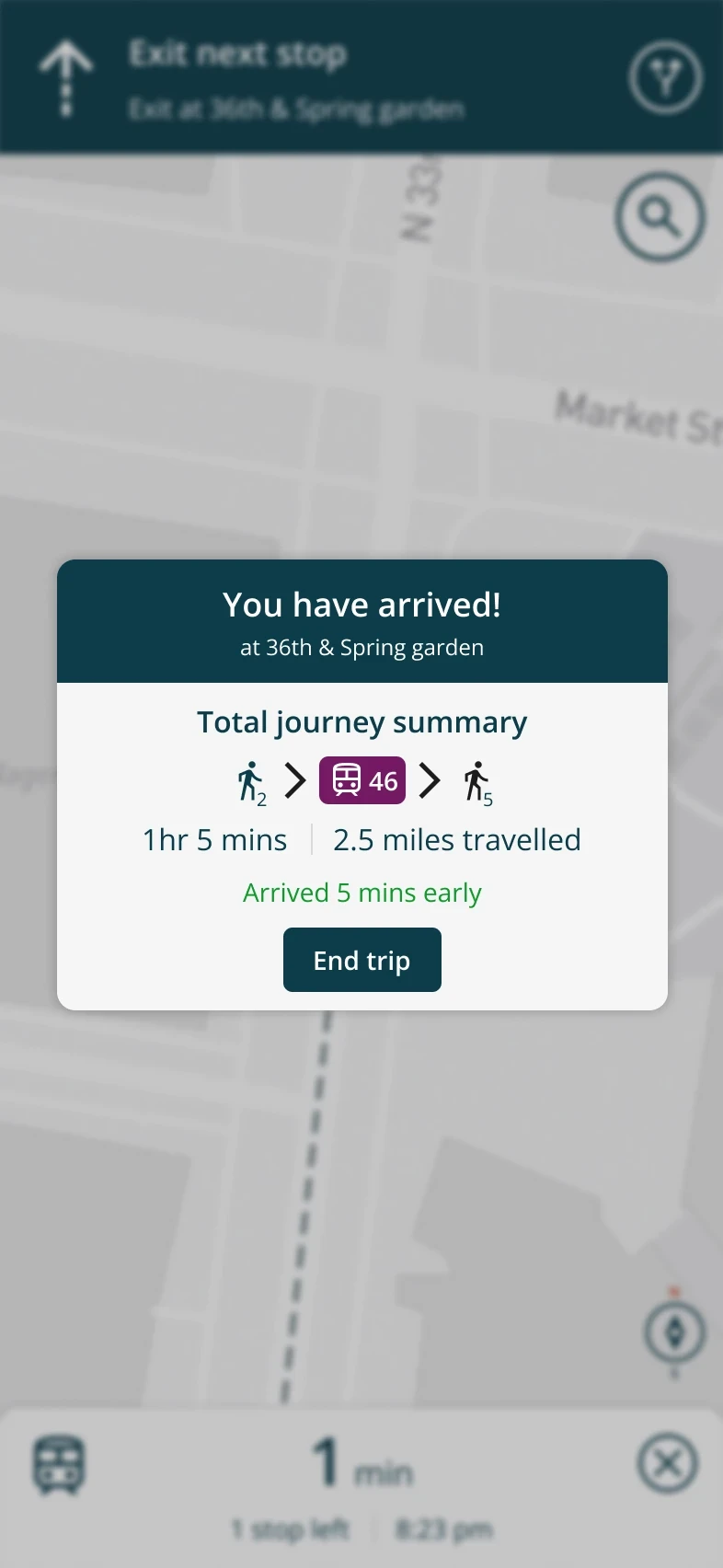 Trip complete screen with total journey summary and an end trip button