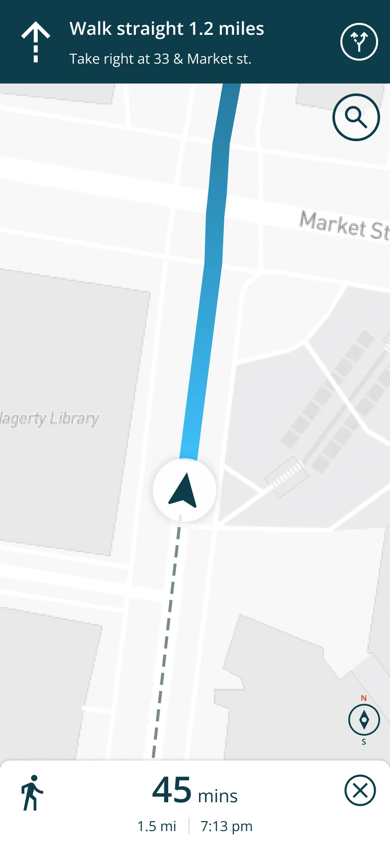 Turn by turn walking directions toward the transit stop