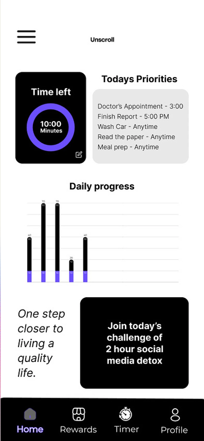 Unscroll home screen with a time-left timer, today's priorities, and a daily progress chart