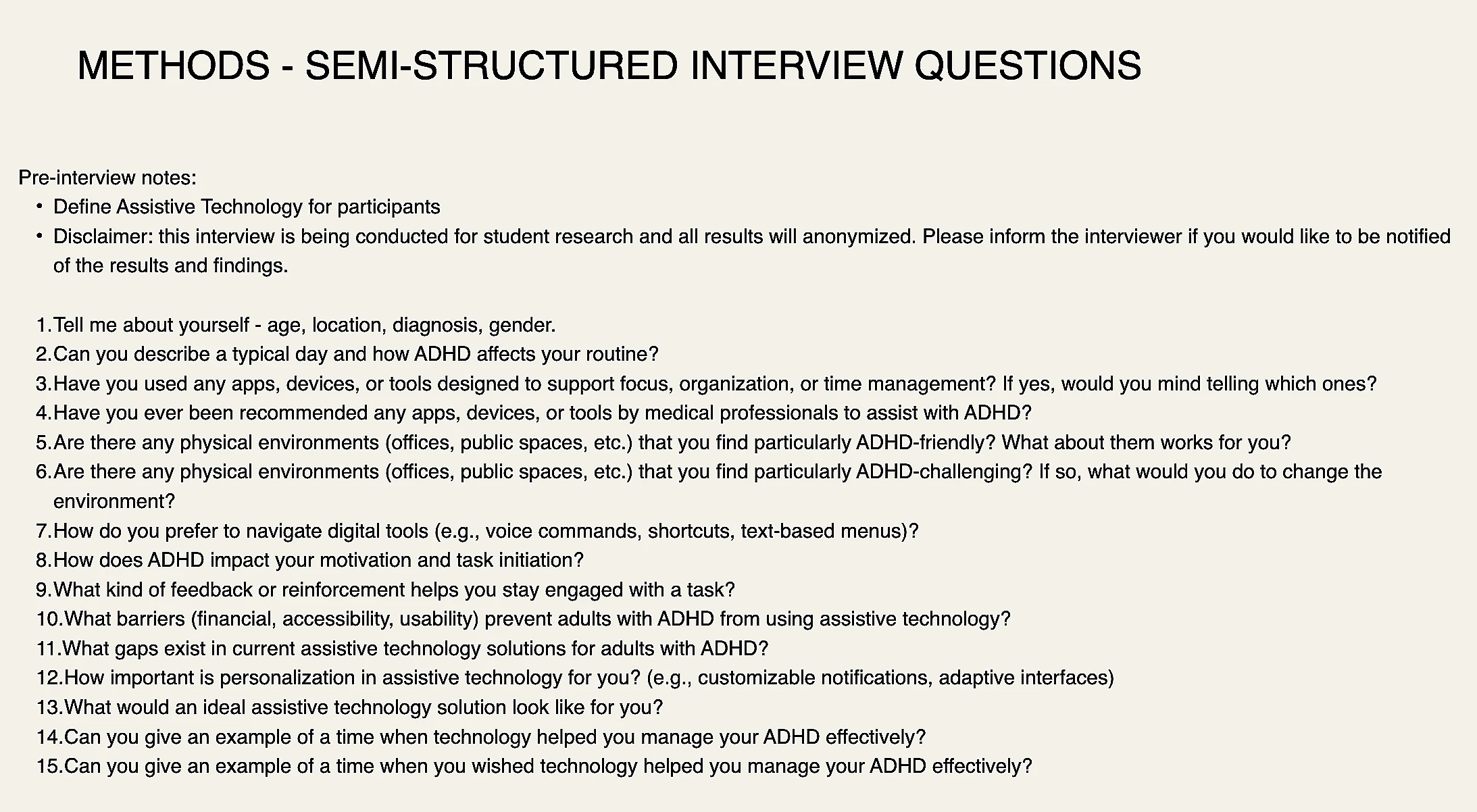 List of semi-structured interview questions used with adults with ADHD