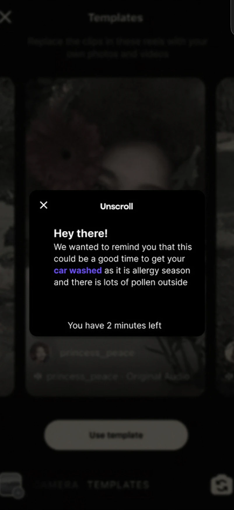 Firm nudge: a clearer reminder about washing the car before allergy season, with 2 minutes left