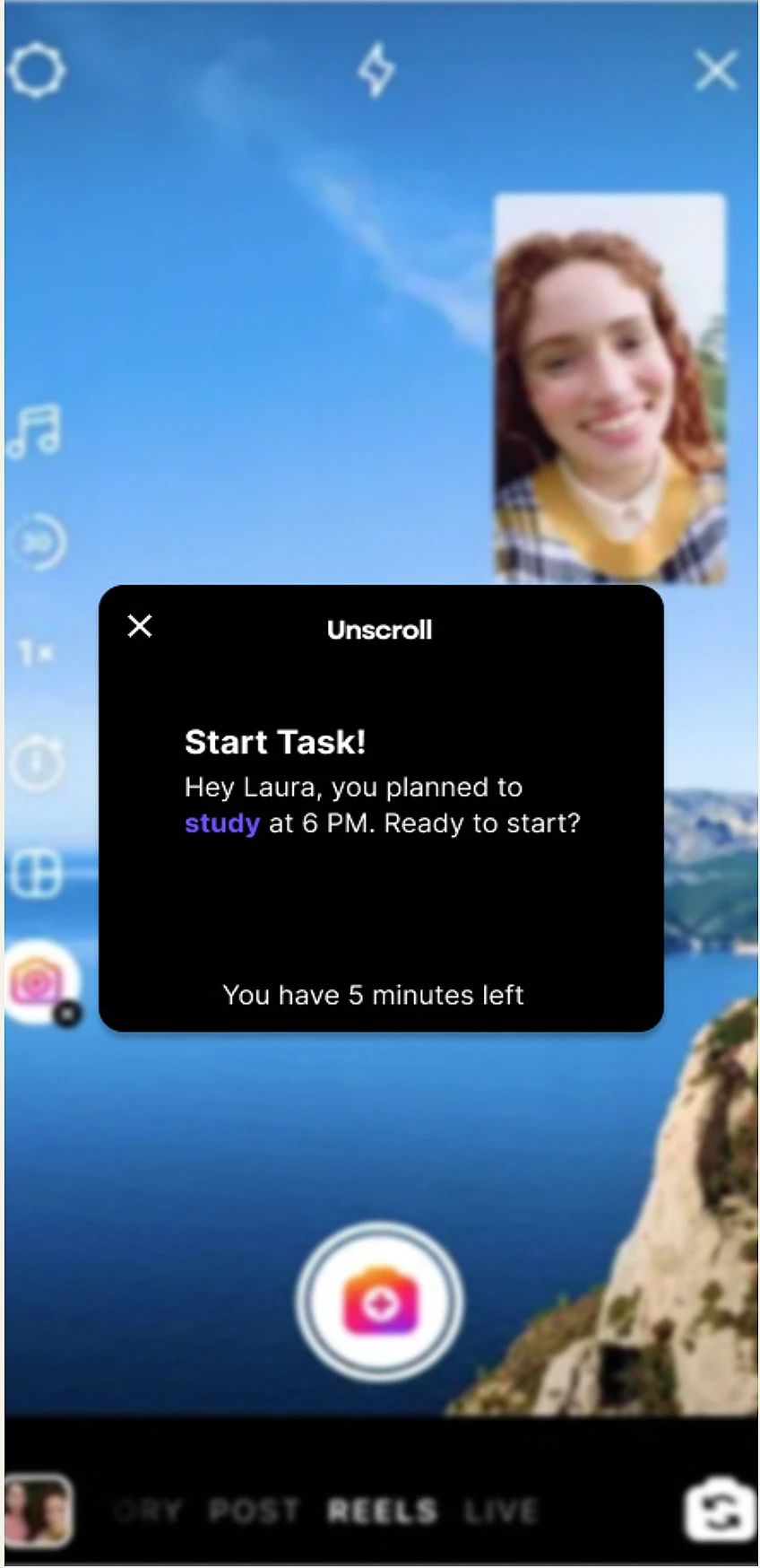 Soft nudge: a gentle overlay reminding the user they planned to study, with 5 minutes left