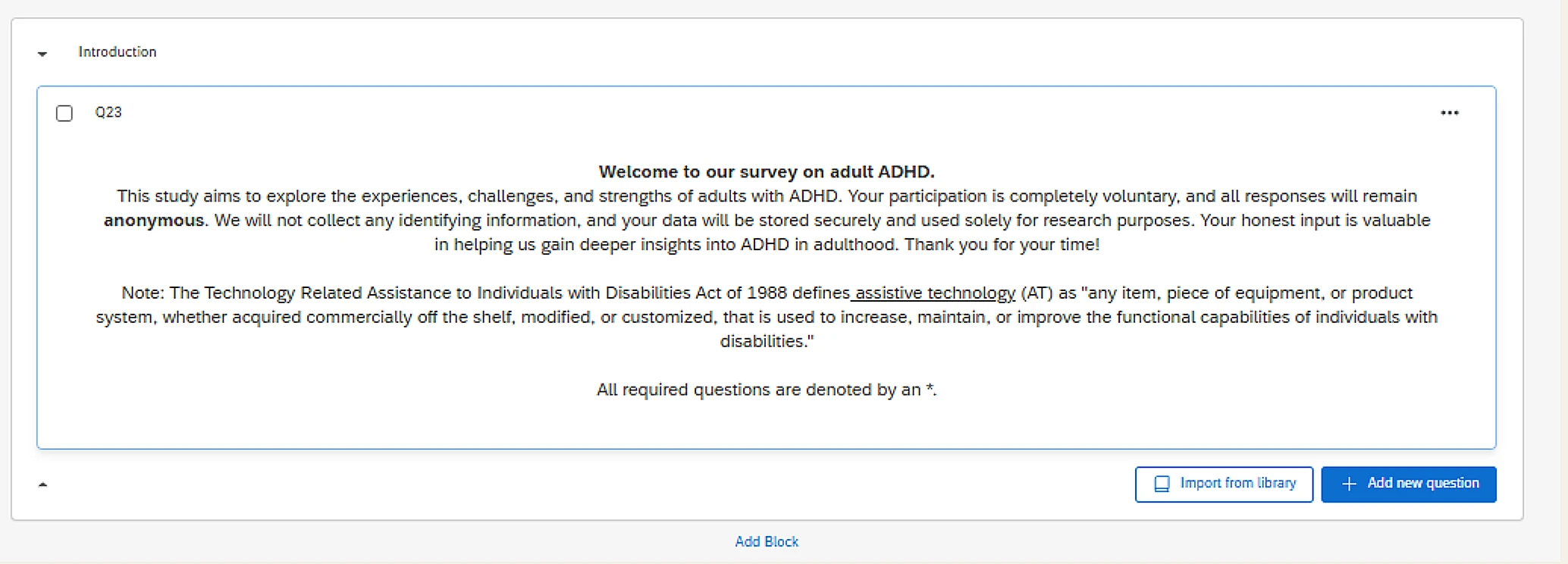 Qualtrics survey introduction explaining the study on adult ADHD and assistive technology