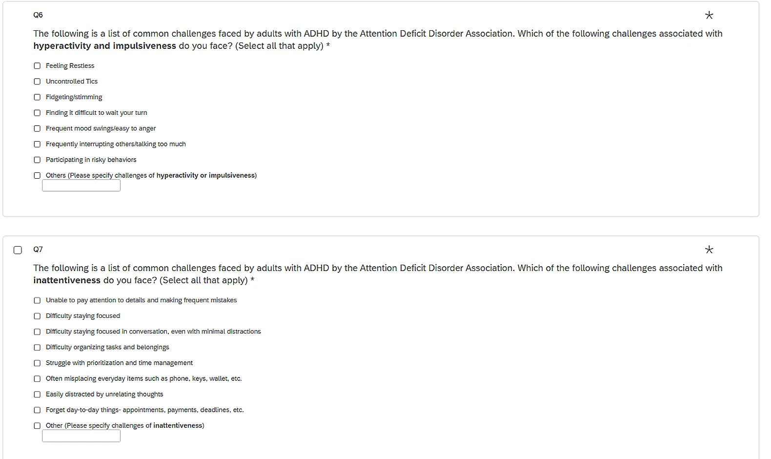 Survey questions on hyperactivity, impulsiveness, and inattentiveness challenges